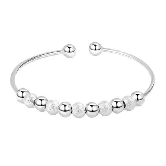 Silver Beaded Bangle Bracelet Adjustable Loose Fit Elegant Dainty Bracelets - Picture 2 of 16